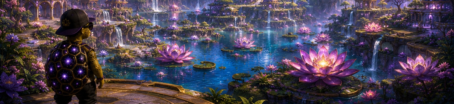 Lotus flowers glowing over a peaceful dreamlike water garden for The Quiet Advantage on SlowBoon Journal