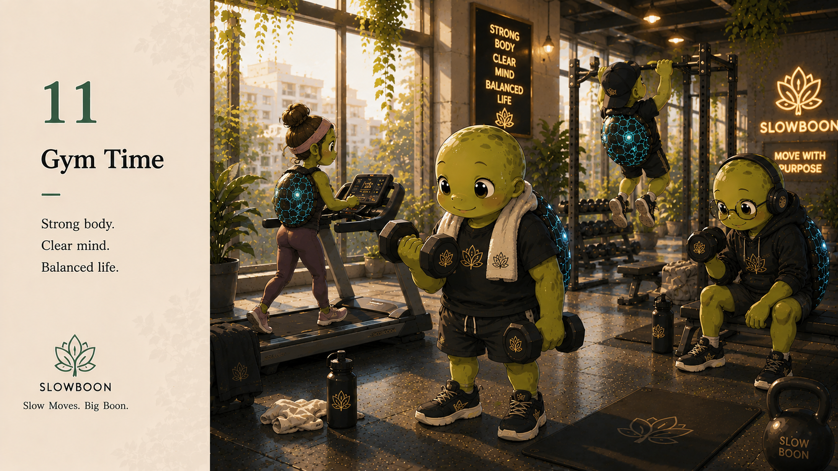 SlowBoon gym time training with focus and discipline