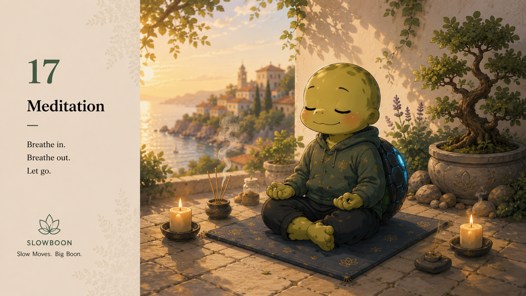 SlowBoon meditating peacefully beneath the sky