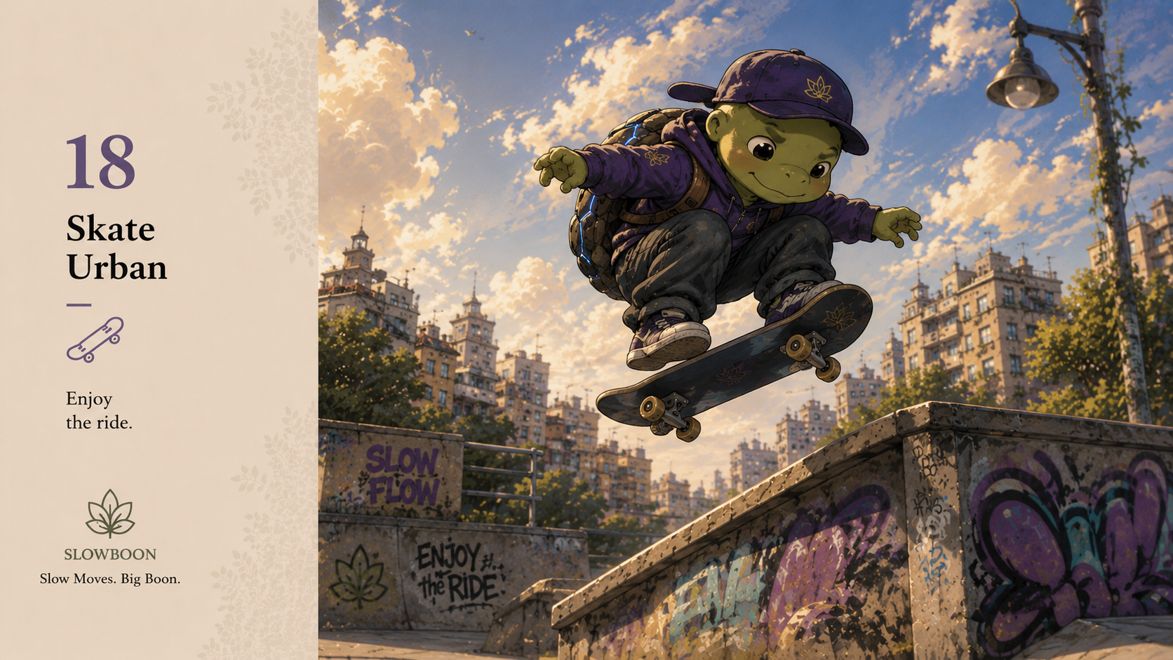 SlowBoon skateboarding through the city