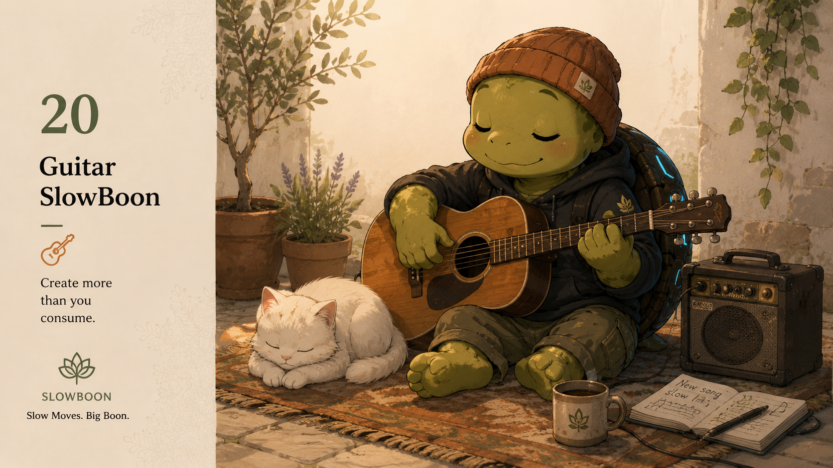 SlowBoon playing guitar beside a white cat