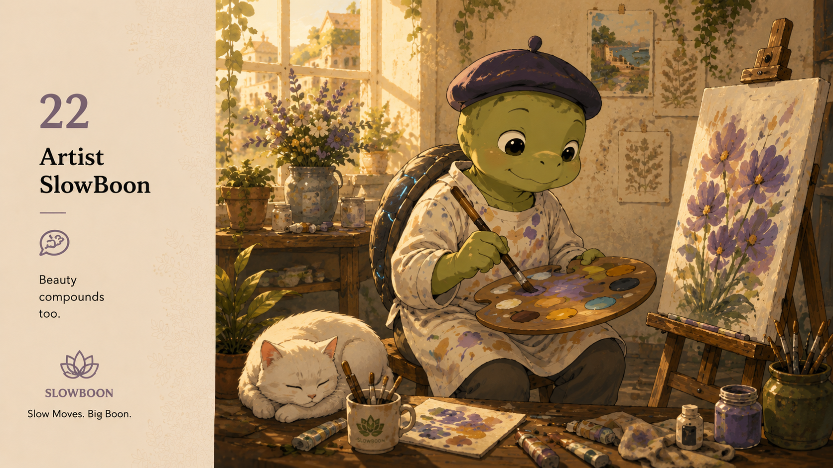 Artist SlowBoon painting in a warm creative studio