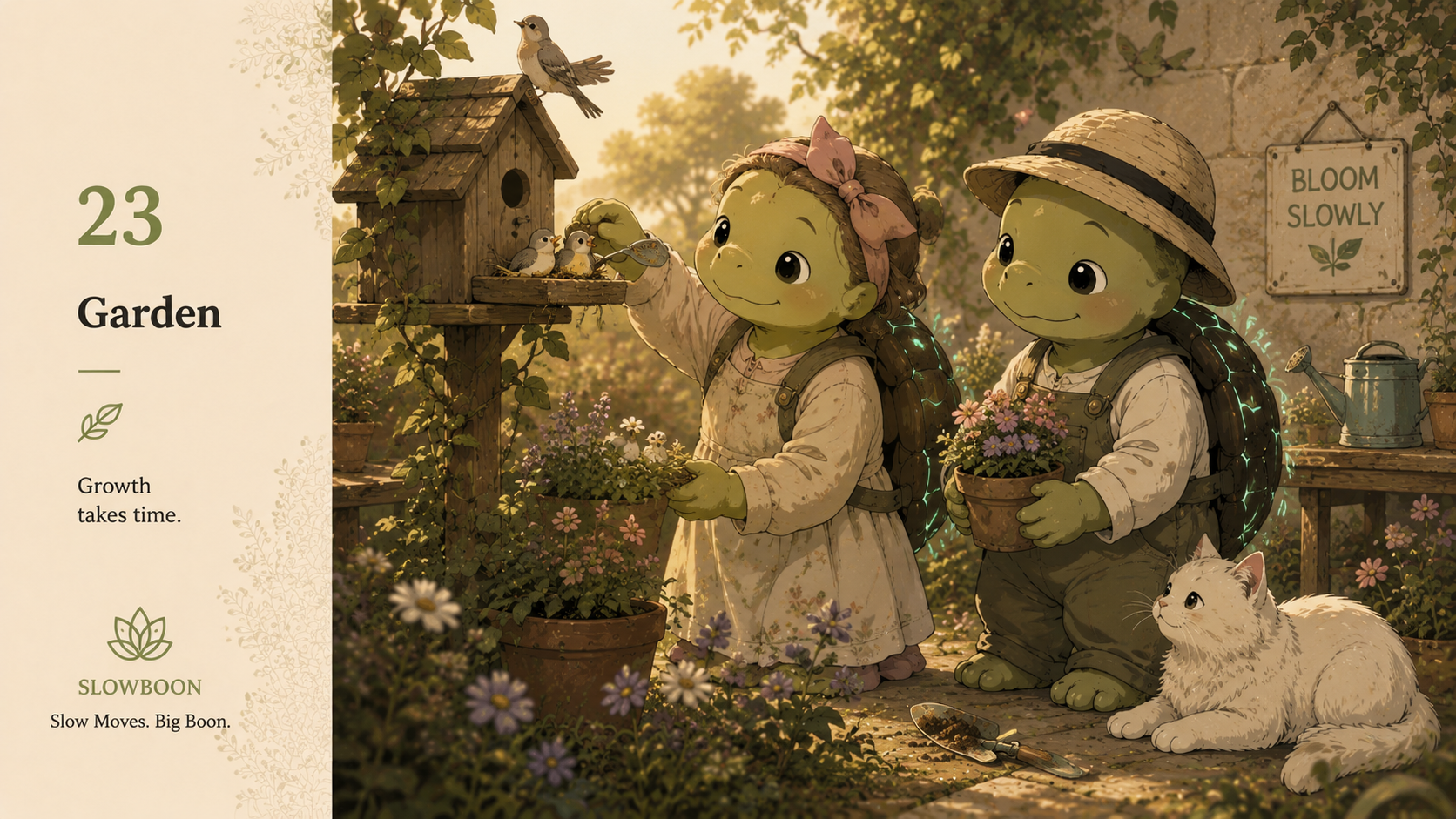 SlowBoon spending time in a peaceful garden