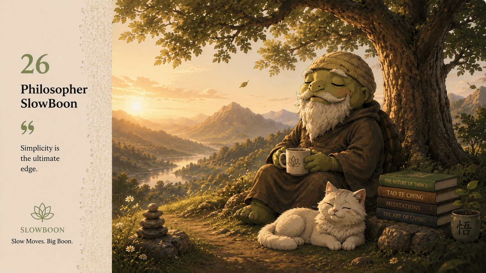 Philosopher SlowBoon resting beneath an ancient tree