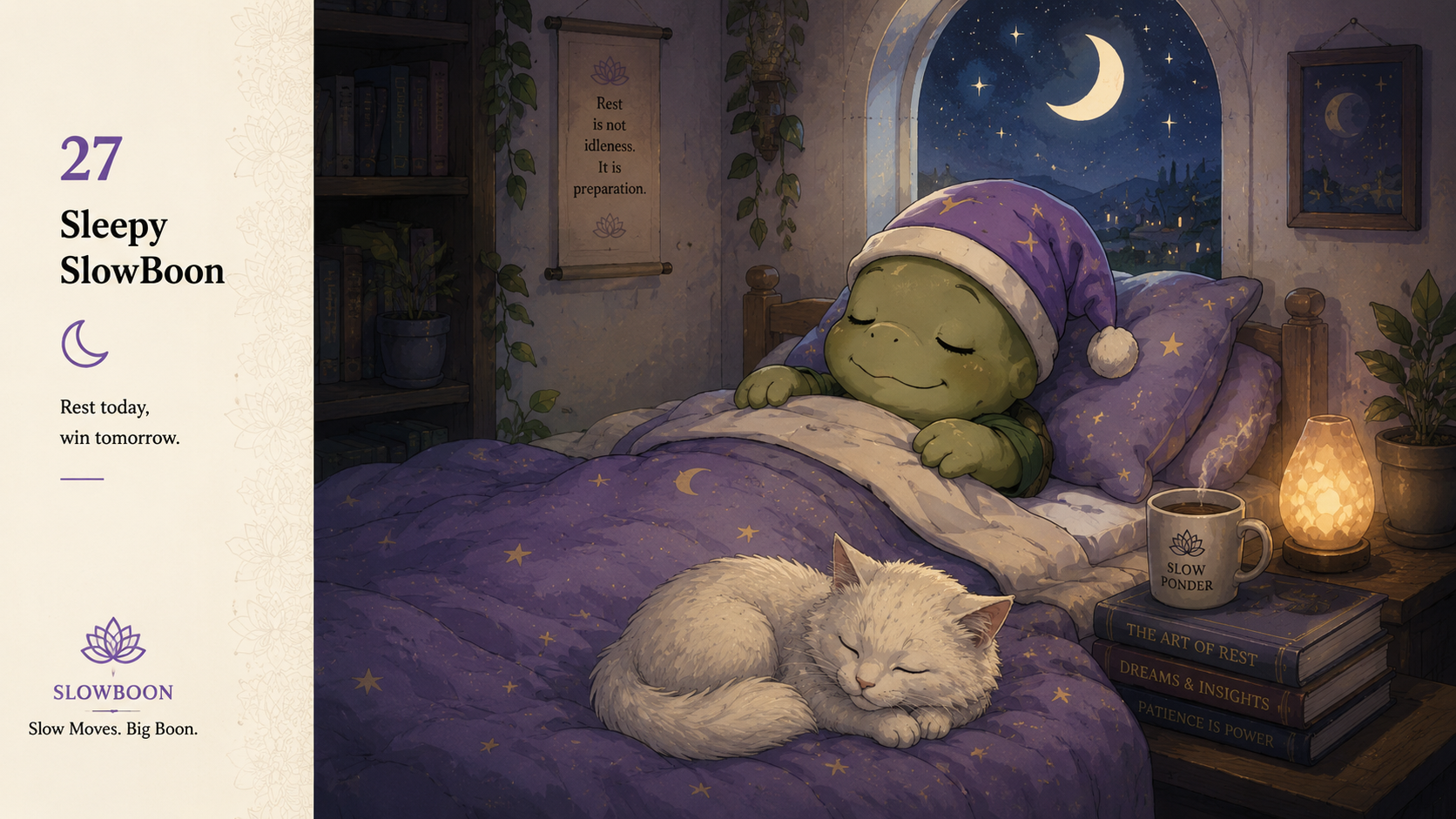 Sleepy SlowBoon resting peacefully with a white cat