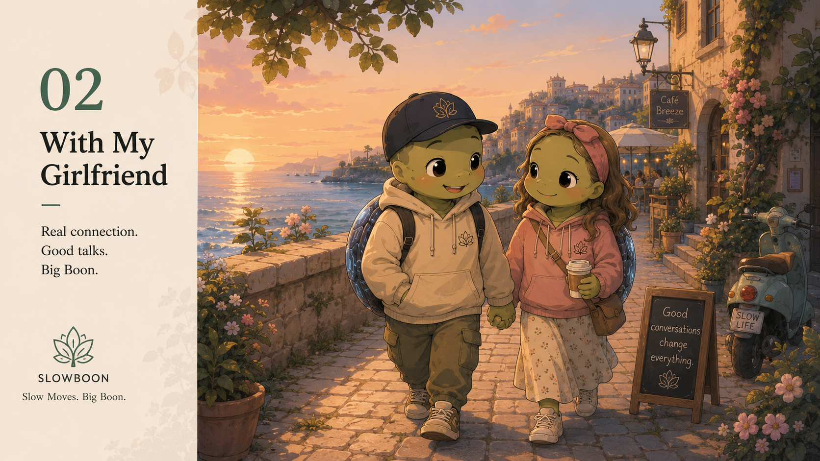 SlowBoon walking with his girlfriend through a quiet town