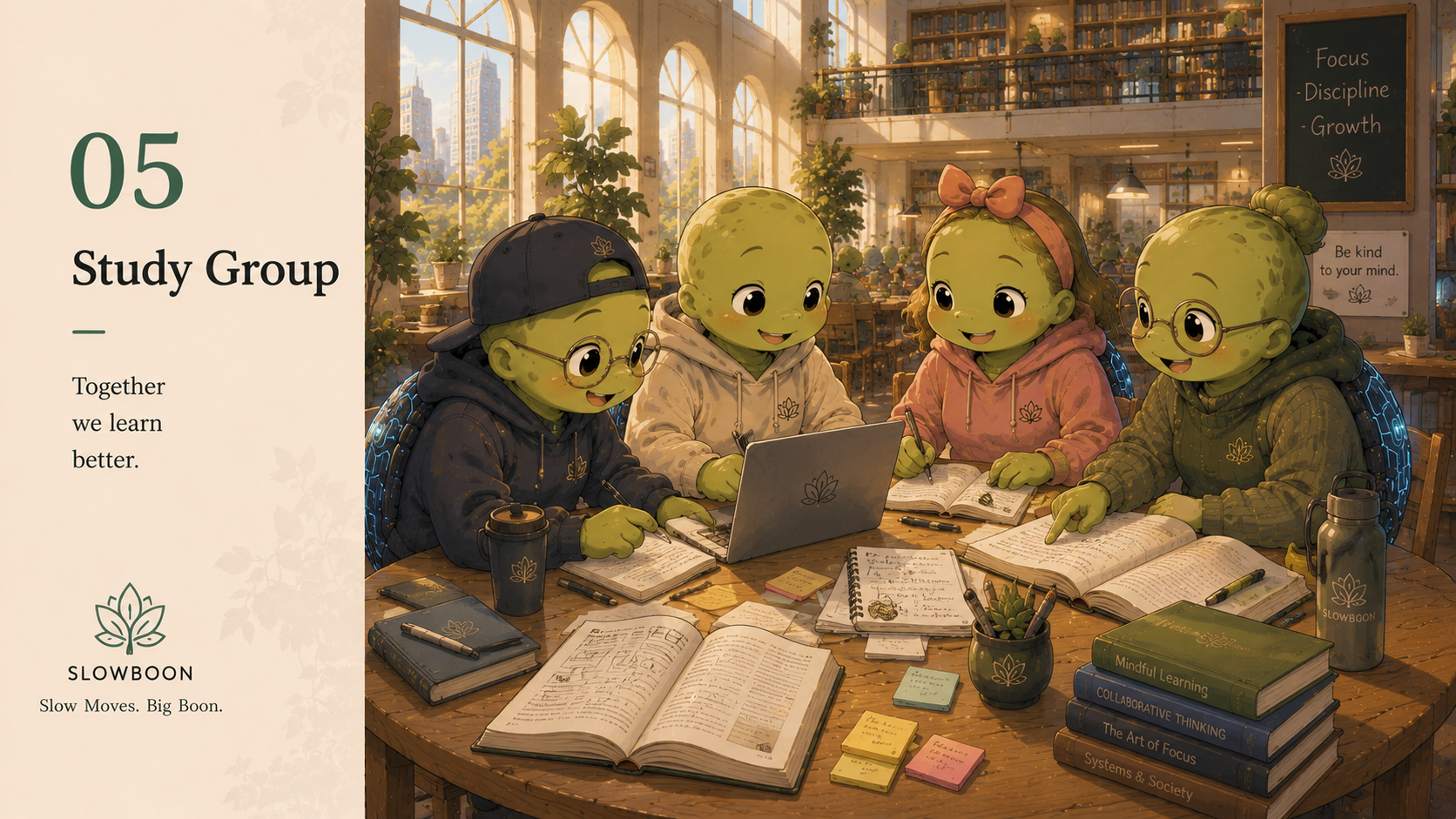 SlowBoon studying with friends in a collaborative study group