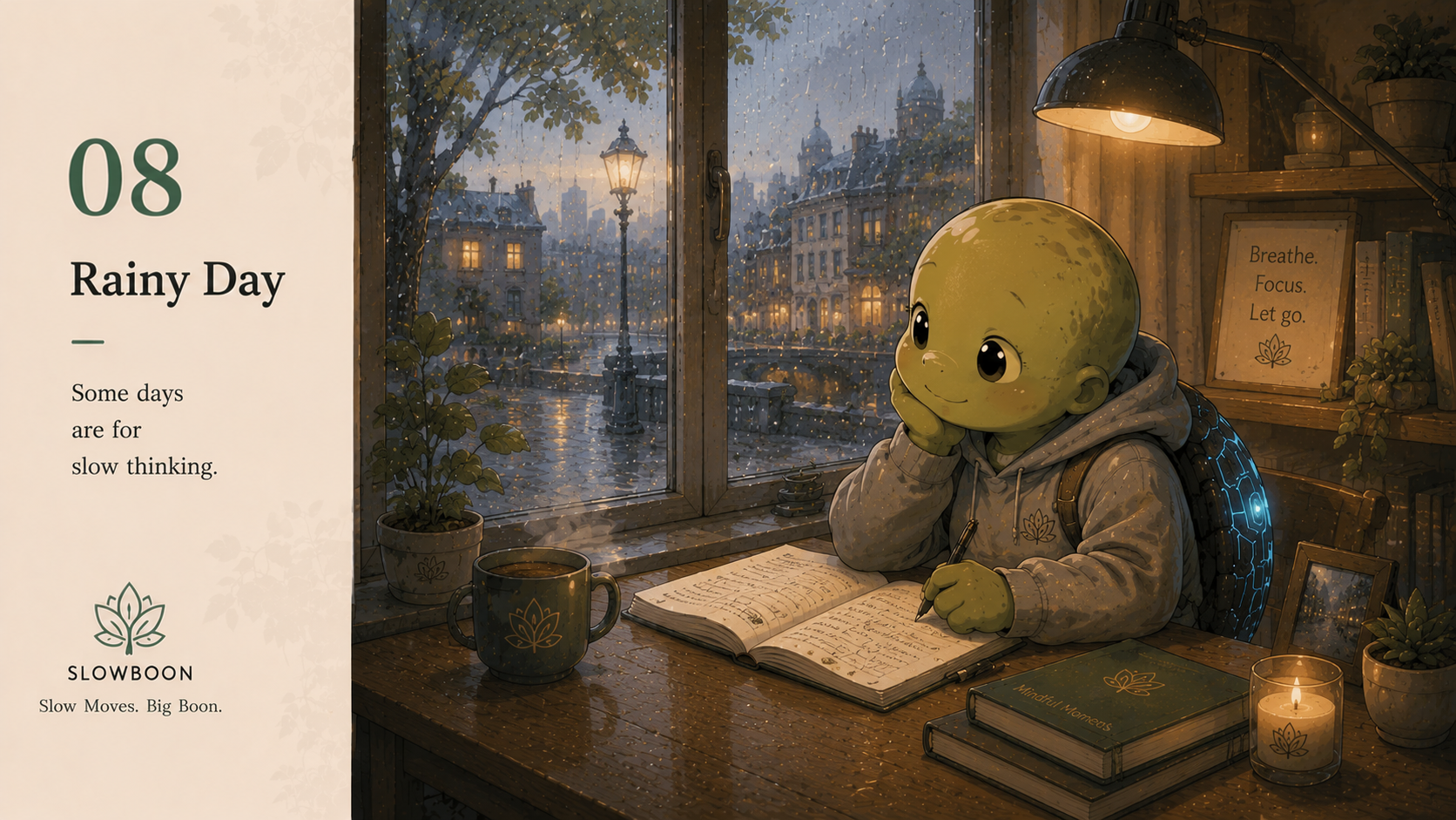 SlowBoon enjoying a rainy day of quiet learning and reflection