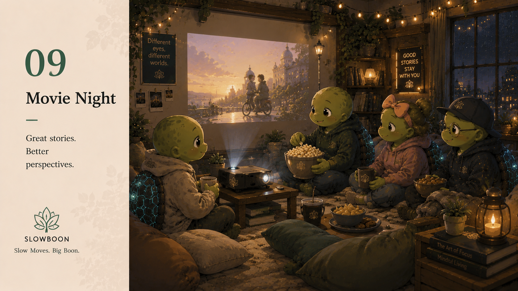 SlowBoon movie night with friends in a cozy room