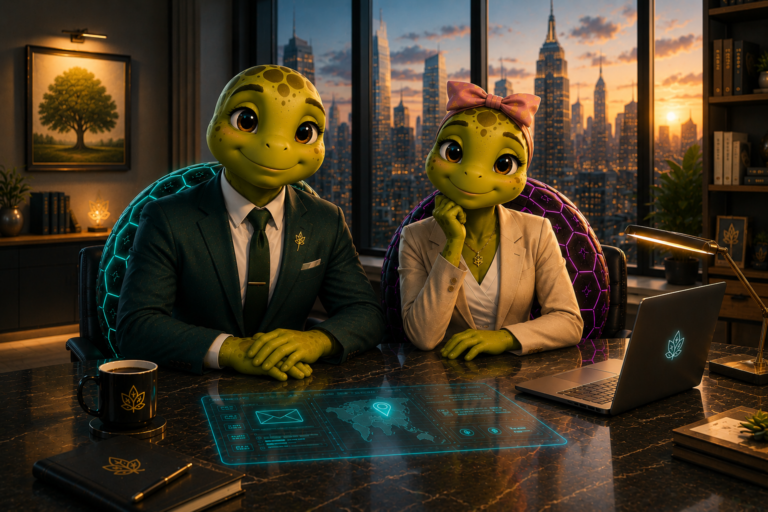 SlowBoon and his girlfriend in a futuristic office