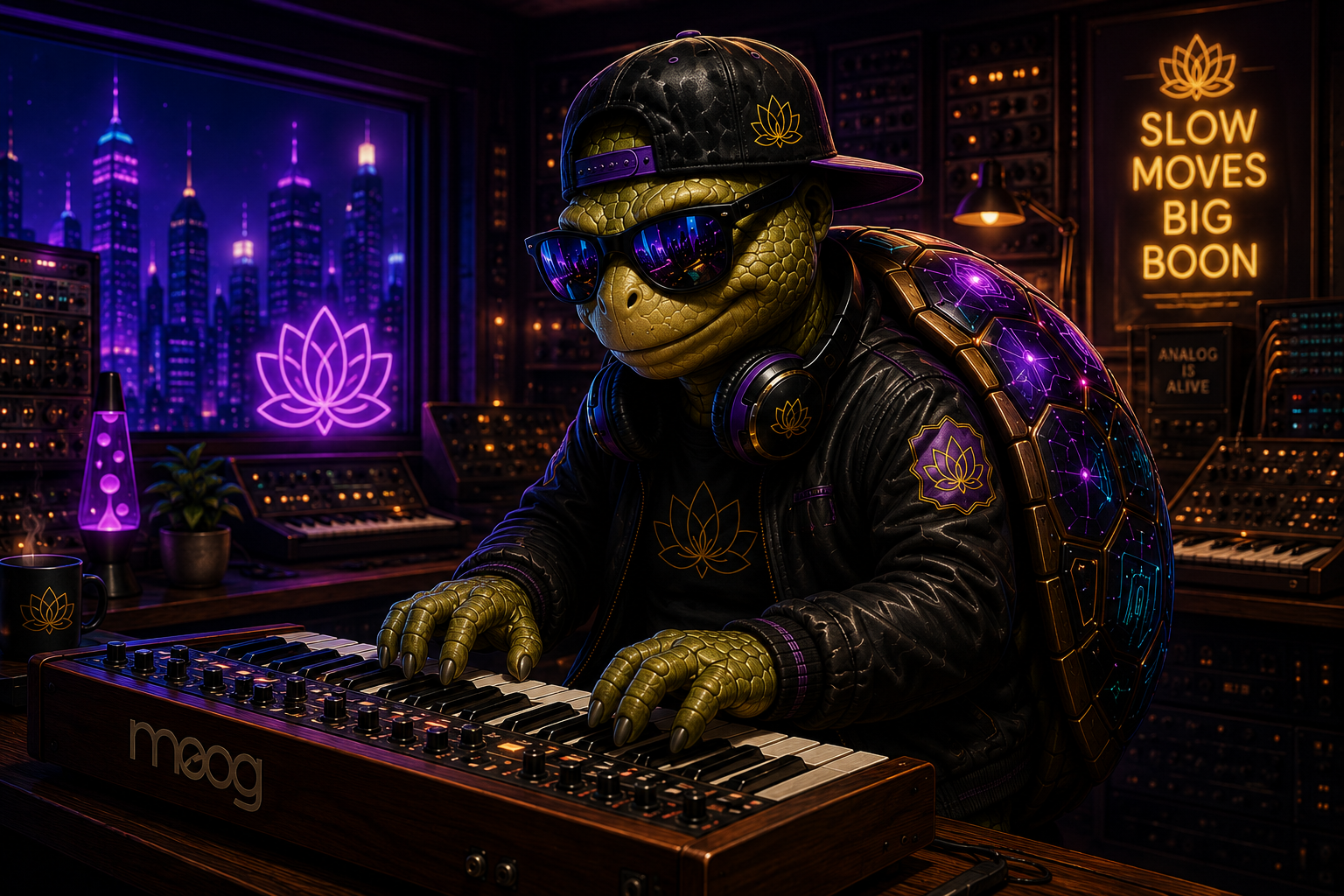 SlowBoon creating music in a futuristic studio
