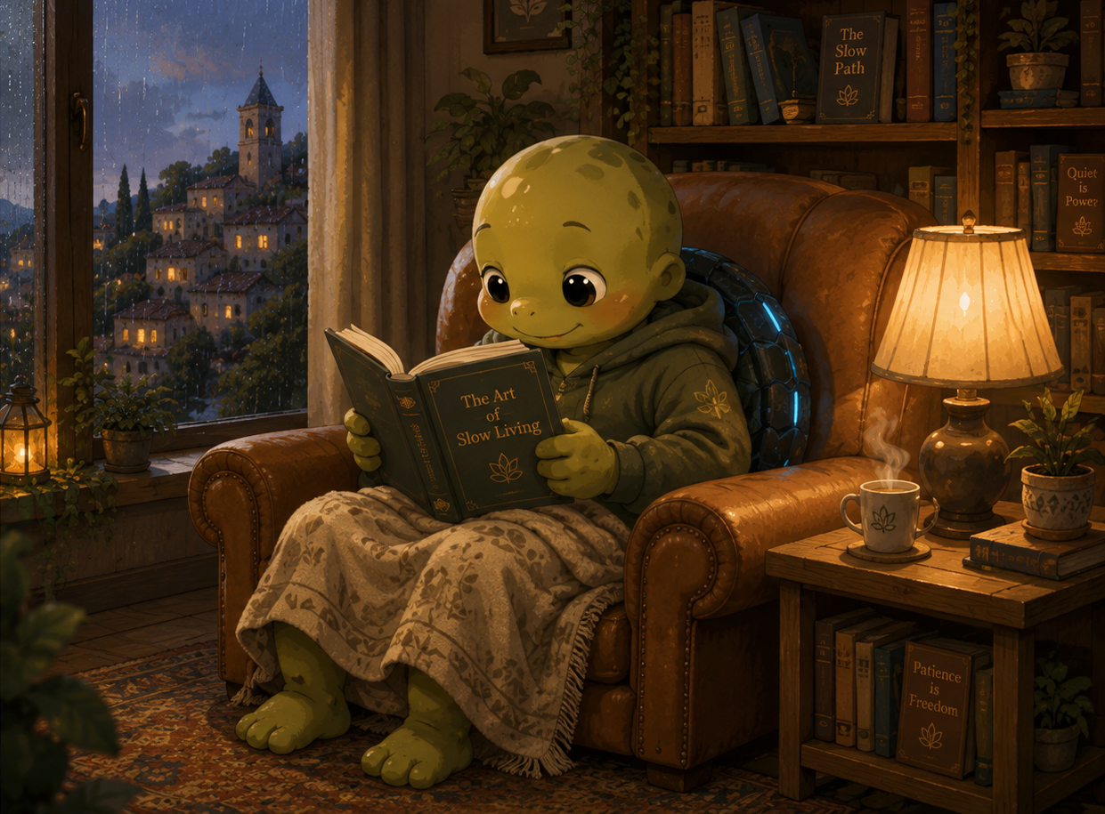 SlowBoon reading books on a rainy evening